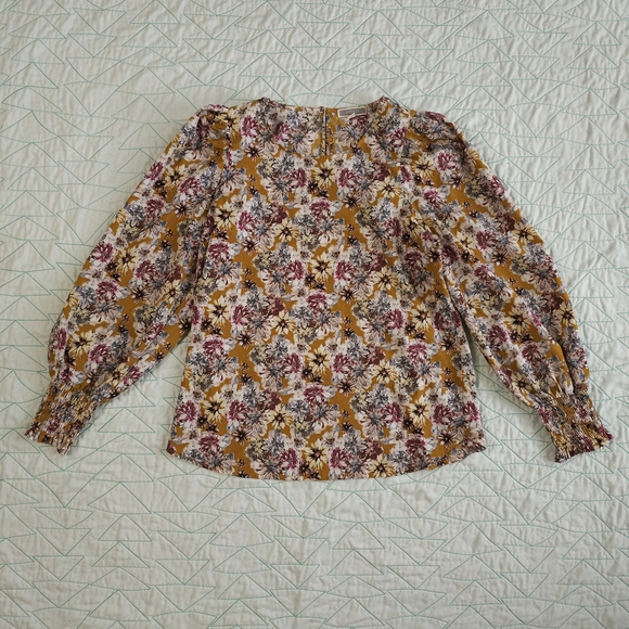Pleione Tops - Pleione Mustard Multicolor Floral Long Puff Sleeve Blouse